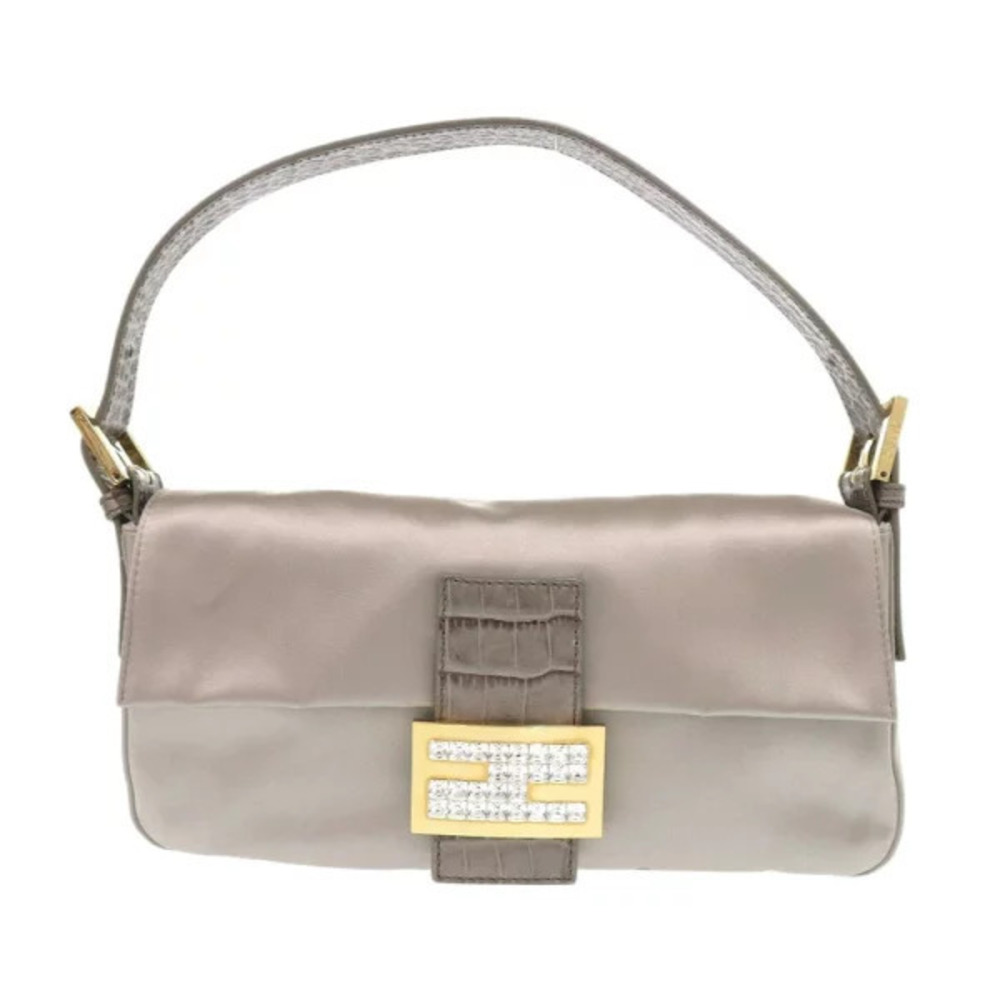 Fendi Mamma Bucket Satin Leather Greige Gray Handbag Beige Cream